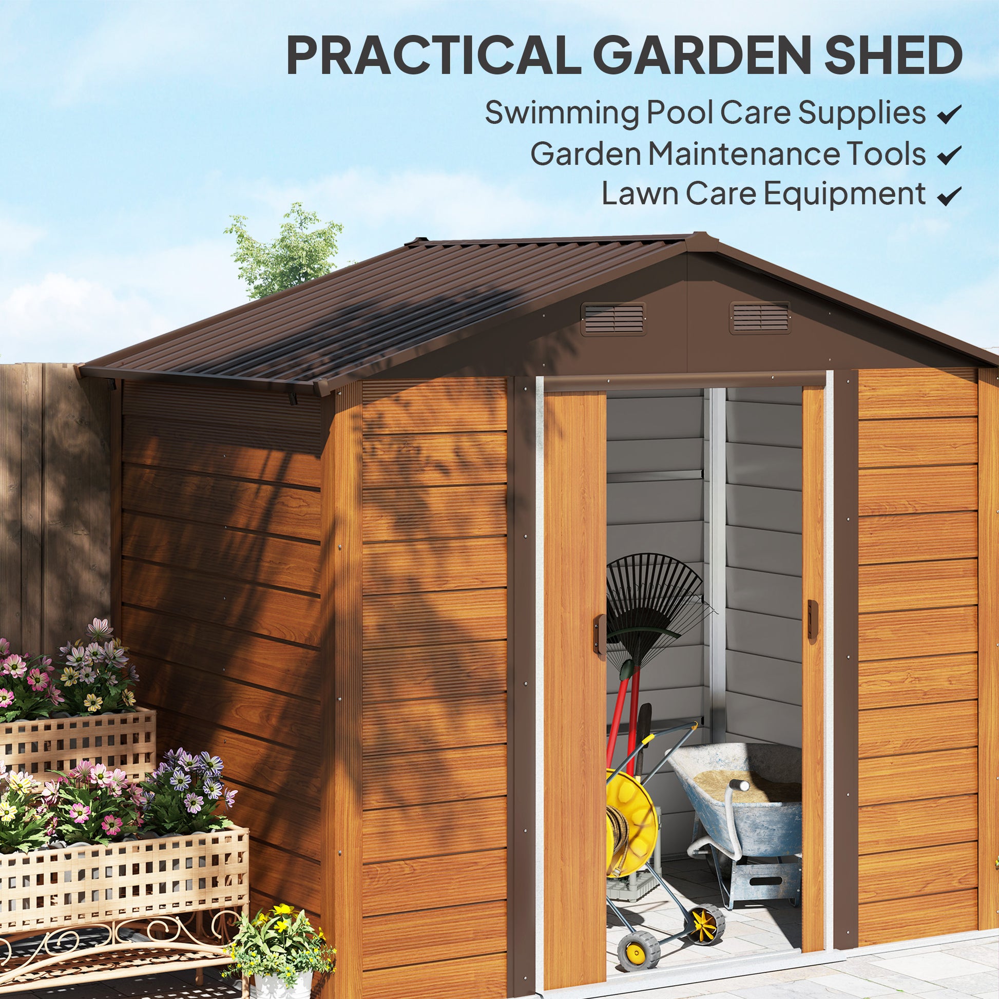 Outsunny 8 x 6ft Garden Storage Shed with Sliding Door - Brown Wood Effect