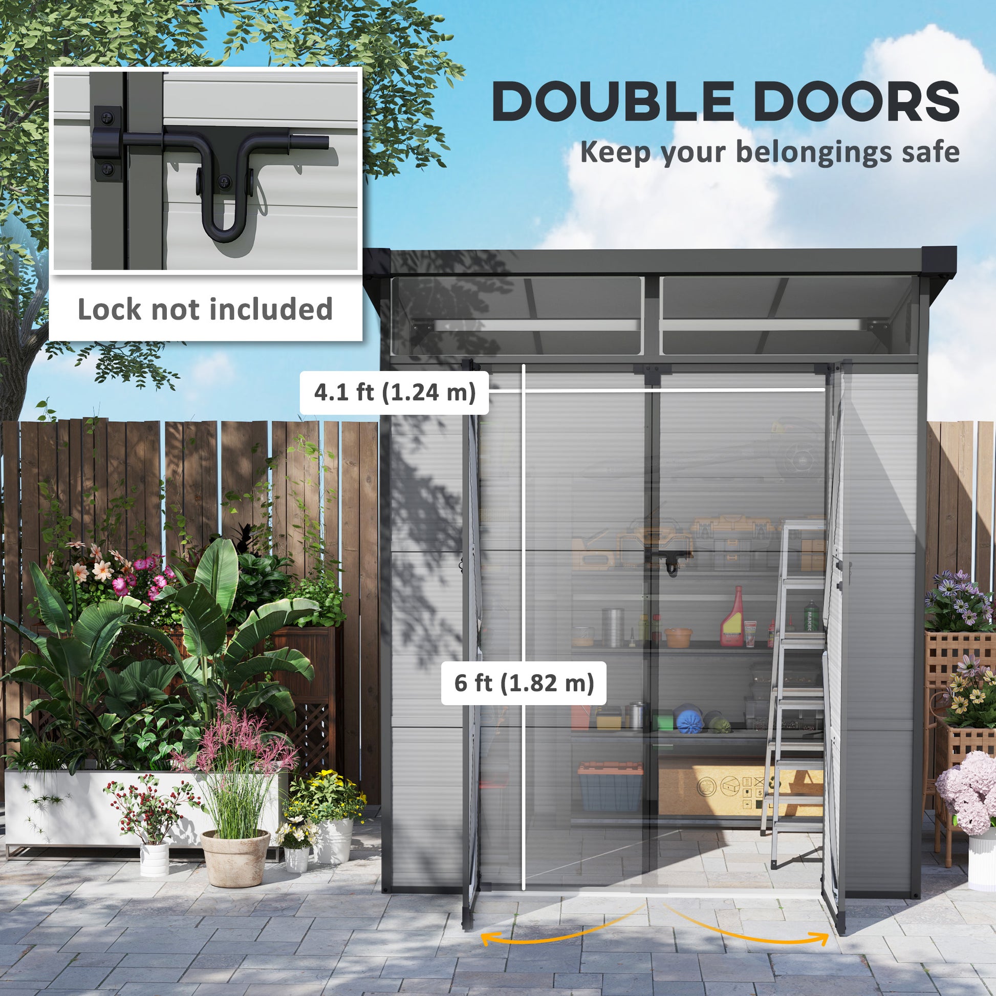 Outsunny 6 x 6ft Outdoor Storage Shed, Plastic Garden Shed with Windows and Air Vents, Outdoor Resin Tool Shed with Latch Doors for Garden, Deck, Light Grey