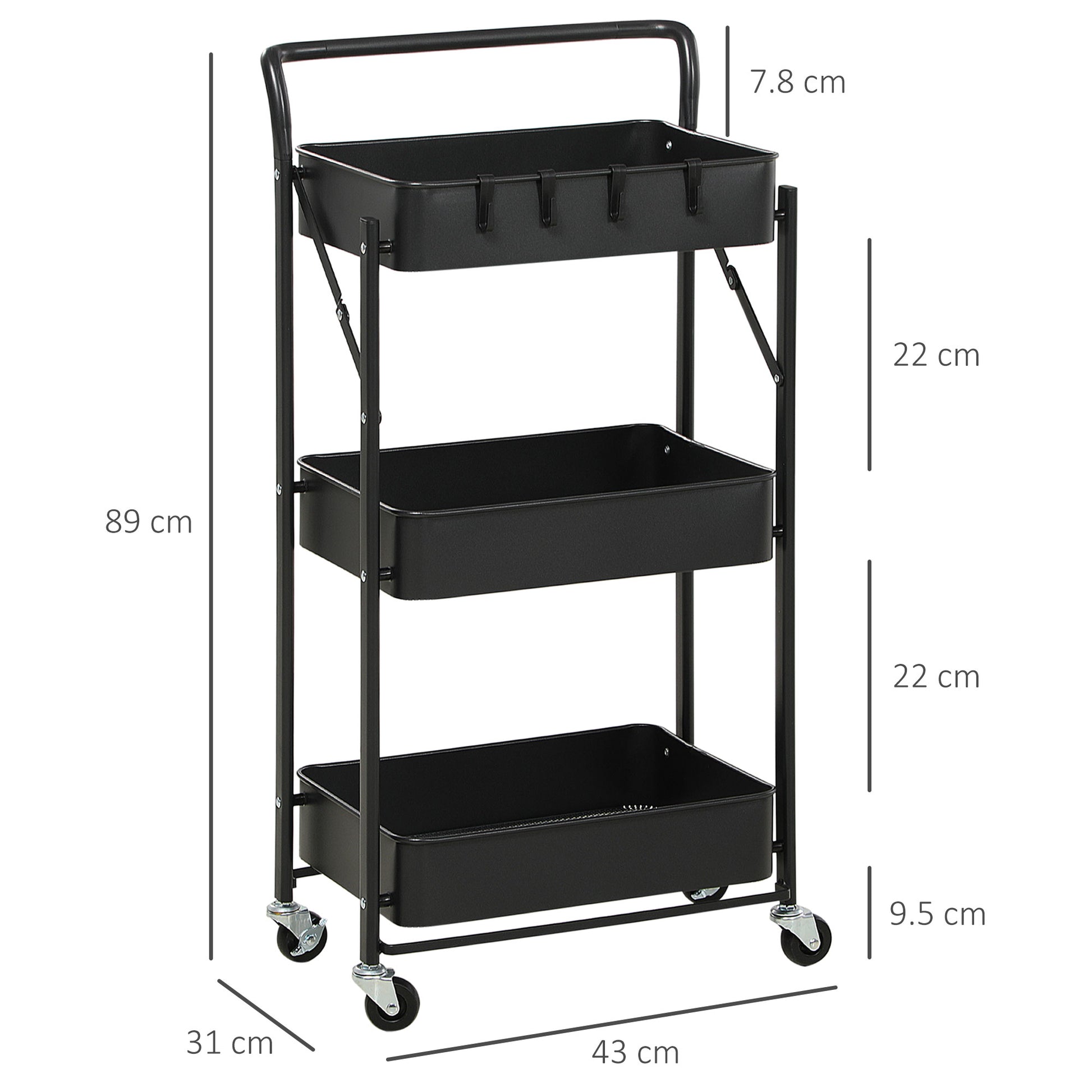 HOMCOM 3 Tier Storage Trolley Cart, Foldable Rolling Utility Cart with 3 Mesh Baskets, 4 Removable Hooks for Living Room, Laundry and Kitchen, Black