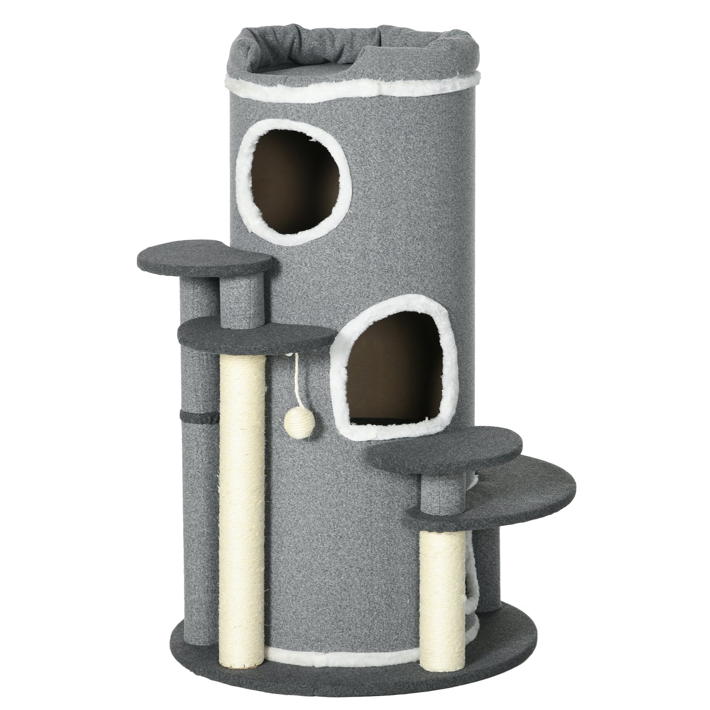 PawHut Barrel Shaped Cat Tree with Sisal Scratching Posts, Cat Bed, Platforms, Hanging Ball, Grey, Grey