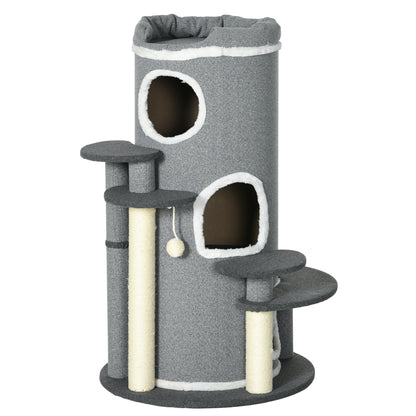 PawHut Barrel Shaped Cat Tree with Sisal Scratching Posts, Cat Bed, Platforms, Hanging Ball, Grey, Grey