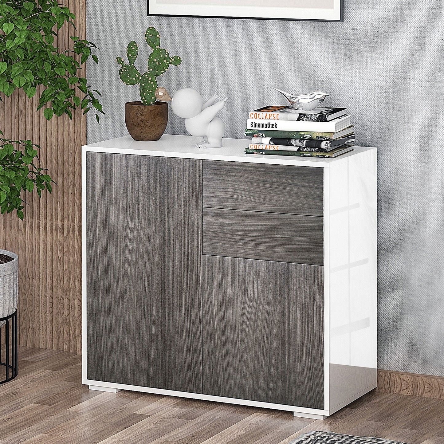 HOMCOM Modern Stylish Freestanding Push-Open Design Cabinet with 2 Drawer, 2 Door Cabinet, 2 Part Inner Space Light Grey and White