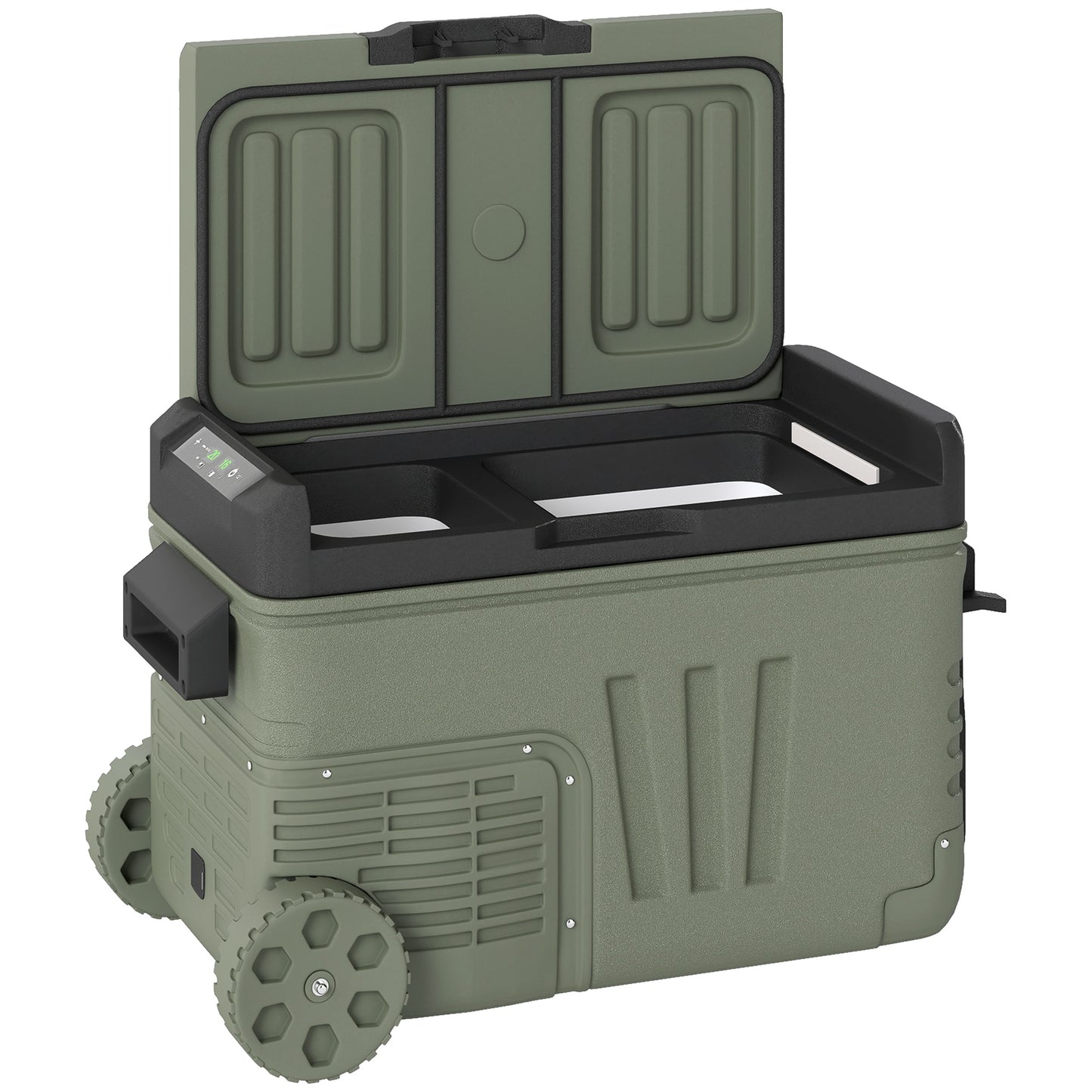 Outsunny 33L Camping Fridge Freezer Dual Zone, Portable Car Fridge 12V/24V DC & 100-240V AC, Electric Cool Box -20?-20? with Wheels and LED Light, for Travel, RV, Road Trip, Picnic [Energy Class E]