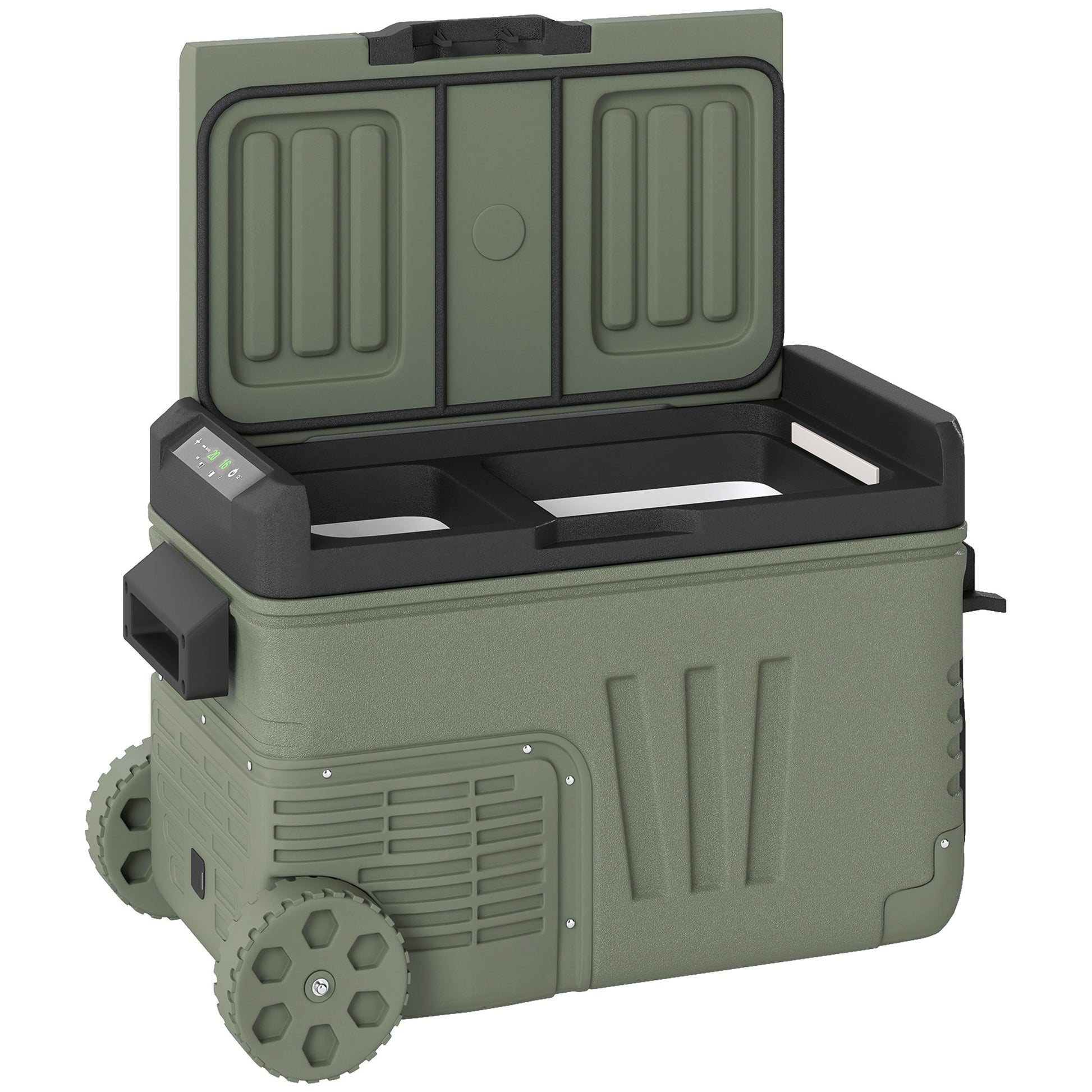 Outsunny 33L Camping Fridge Freezer Dual Zone, Portable Car Fridge 12V/24V DC & 100-240V AC, Electric Cool Box -20?-20? with Wheels and LED Light, for Travel, RV, Road Trip, Picnic [Energy Class E]