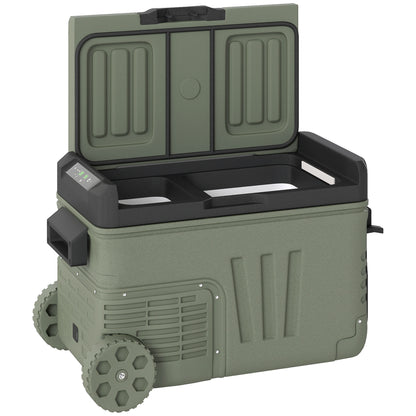 Outsunny 33L Camping Fridge Freezer Dual Zone, Portable Car Fridge 12V/24V DC & 100-240V AC, Electric Cool Box -20?-20? with Wheels and LED Light, for Travel, RV, Road Trip, Picnic [Energy Class E]