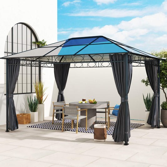 Outsunny Hardtop Gazebo Garden Pavilion with UV Resistant Polycarbonate Roof, Curtains, Steel & Aluminium Frame, 3 x 4m, Grey