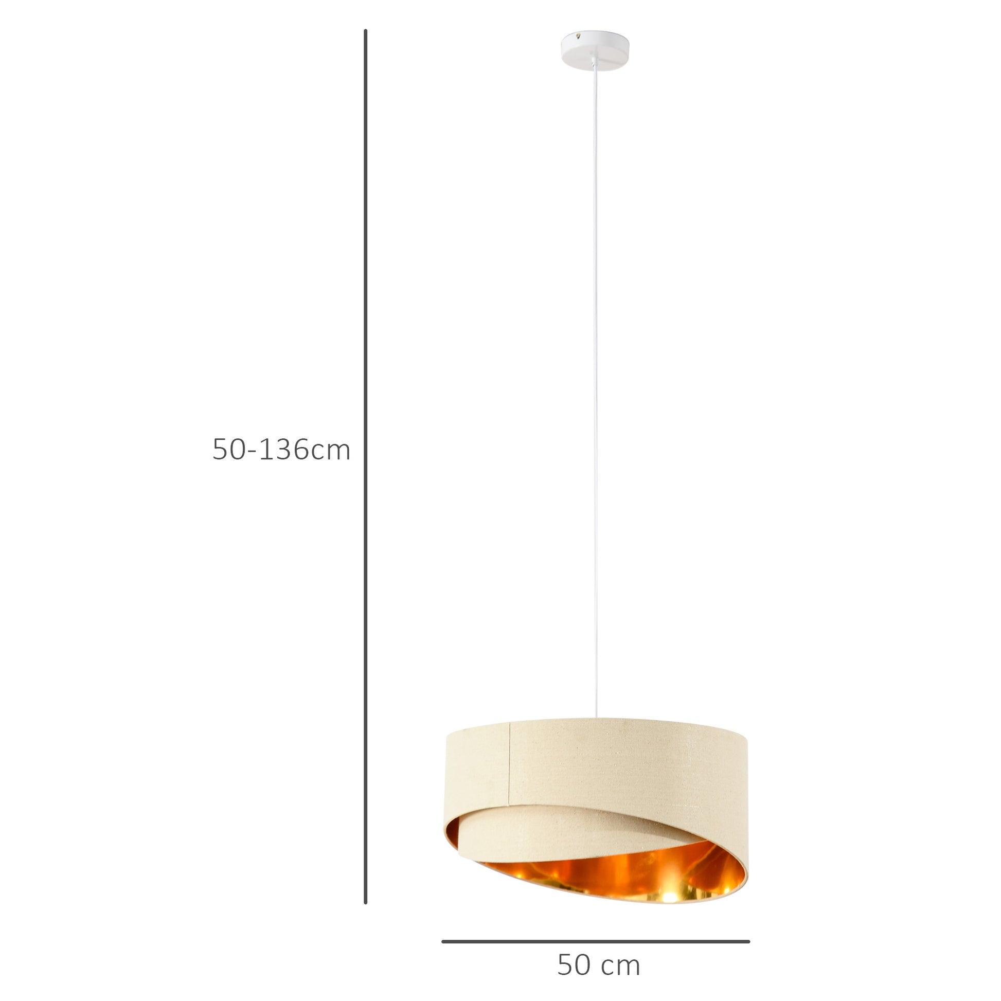 HOMCOM Modern Pendant Light with Adjustable Hanging Chain and Two Bevel Nested Lampshade, Metal Chandelier for Living Room, Bedroom, Beige and Gold