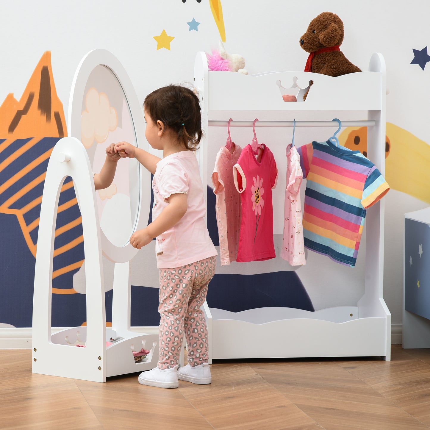 HOMCOM Kids Clothes Rail and Mirror Set 360° Rotation Free Standing Full Length Mirror and Hanging Rack with Storage Shelves Dressing Mirror White