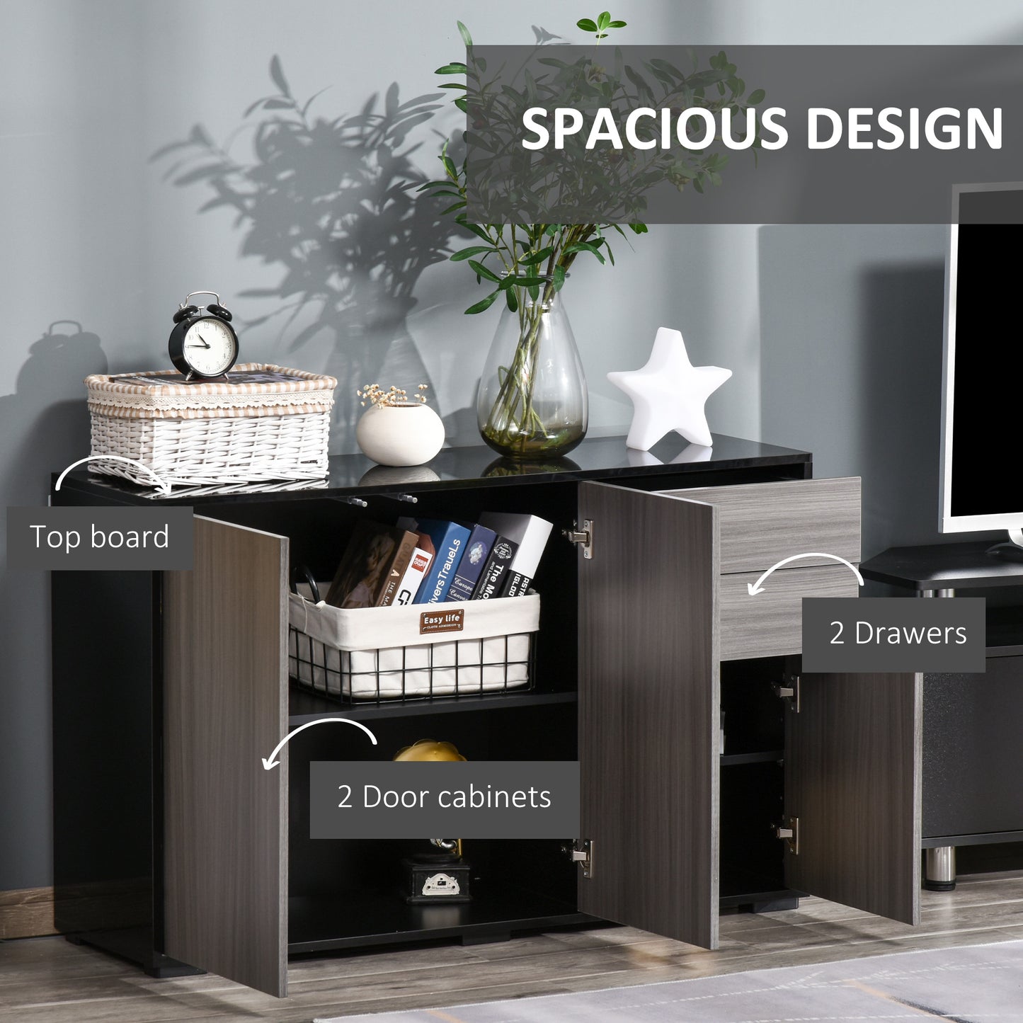HOMCOM High Gloss Sideboard, Side Cabinet, Push-Open Design with 2 Drawer for Living Room, Bedroom, Light Grey and Black