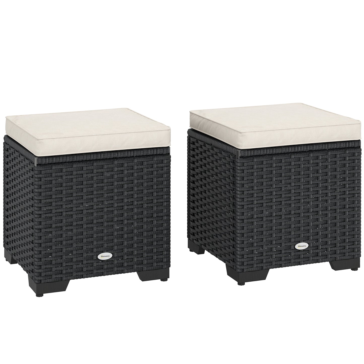 Outsunny Set of 2 Rattan Storage Ottoman, Outdoor Footstool with Removable Cushions, Garden Storage Seat for Balcony, Poolside, Living Room, Cream