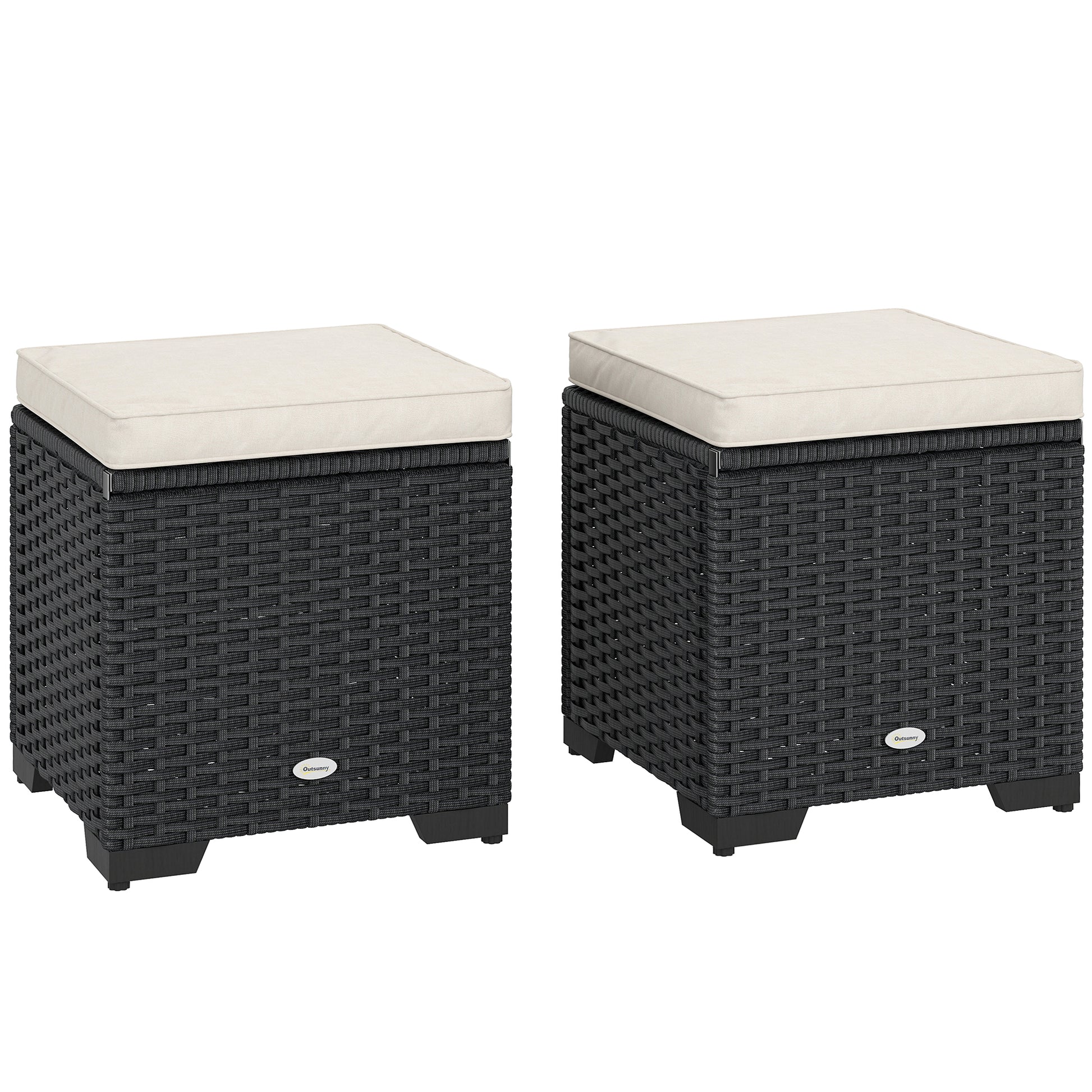 Outsunny Set of 2 Rattan Storage Ottoman, Outdoor Footstool with Removable Cushions, Garden Storage Seat for Balcony, Poolside, Living Room, Cream