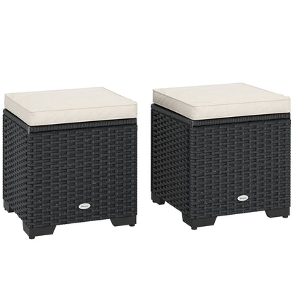 Outsunny Set of 2 Rattan Storage Ottoman, Outdoor Footstool with Removable Cushions, Garden Storage Seat for Balcony, Poolside, Living Room, Cream