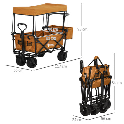 Outsunny 120L Festival Trolley on Wheels, Folding Camping Trolley Cart with Removable Canopy, All-Terrain Wheels, Adjustable Handle and Side Pockets for Garden Beach Fishing Shopping, Orange