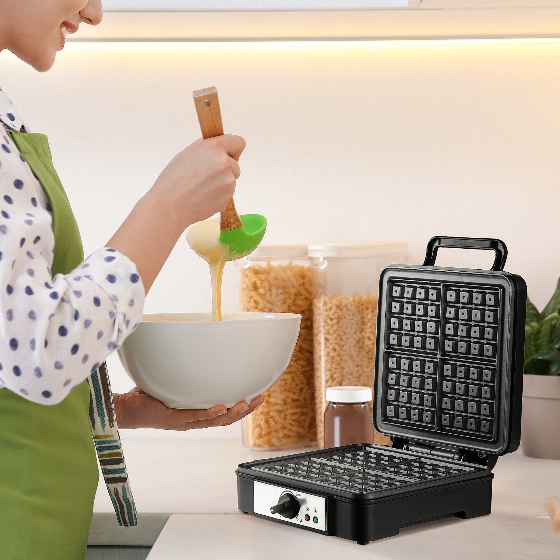 HOMCOM 4 Slice Waffle Maker Iron Machine with Deep Cooking Plate, Adjustable Temperature, Non-stick Coating and Cool Touch Handle, 1200W