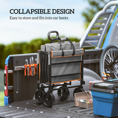 Outsunny 160L Festival Trolley on Wheels, Folding Camping Trolley Cart w/ Tailgate, 100kg Heavy Duty Garden Collapsible Folding Wagon w/Adjustable Handle, Carry Bag for Beach Picnic, Grey and Orange