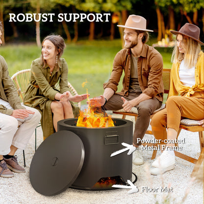 Outsunny Outdoor Round Fire Pit with Lid and Fire Poker - Black