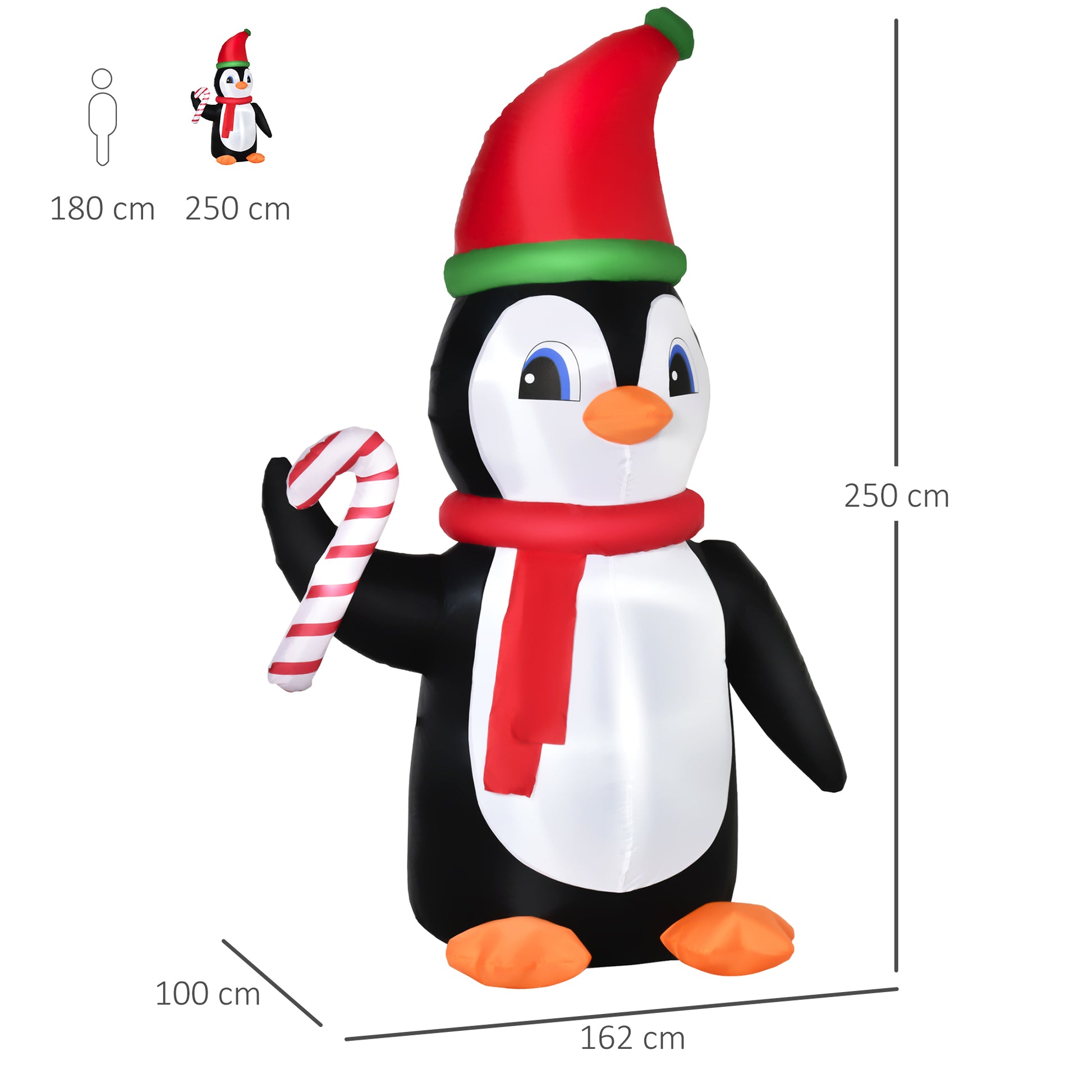 HOMCOM 2.5m Inflatable Christmas Penguin Holding Candy Cane Blow Up Outdoor Decoration with LED Lights for Holiday