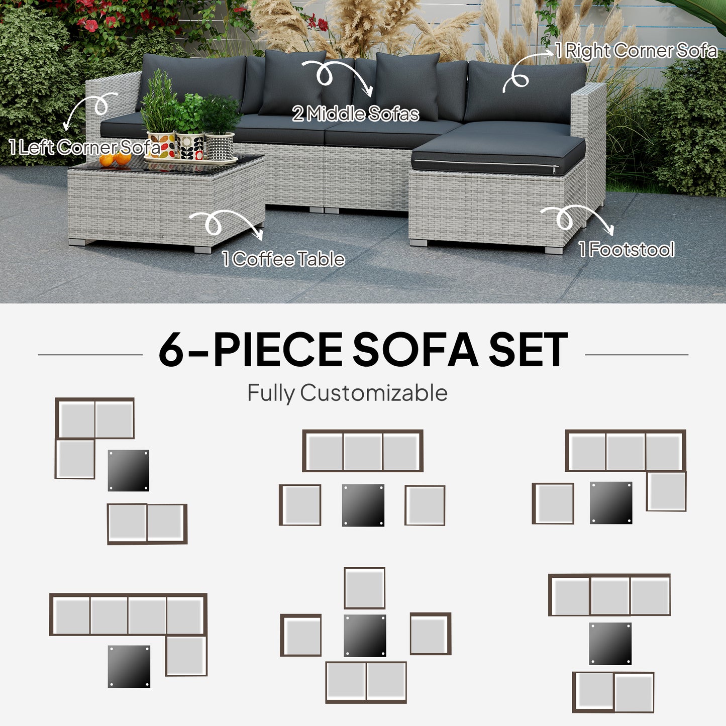 Outsunny 6 Pieces Rattan Corner Sofa Set - Mixed Grey