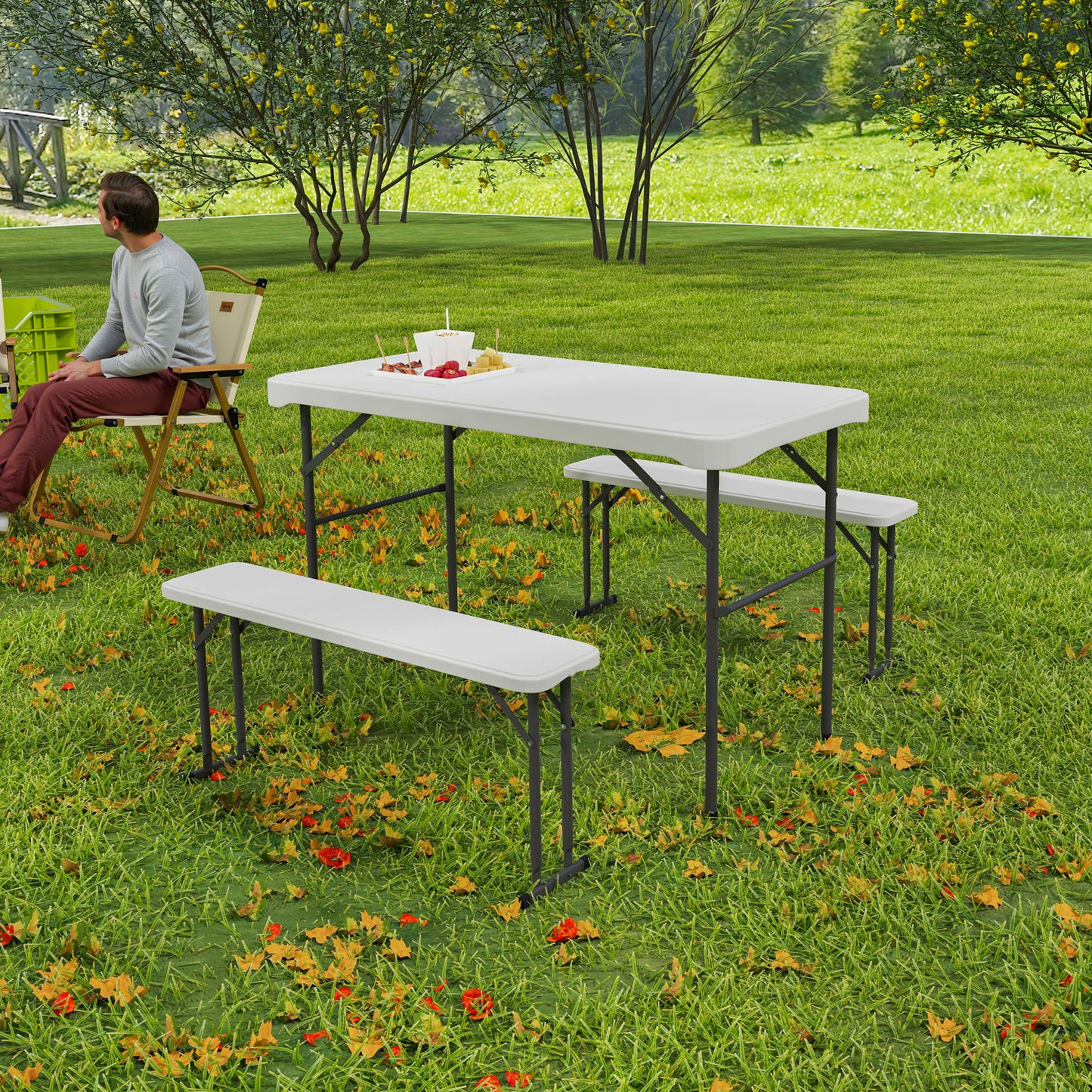 Outsunny Three-Piece Folding Picnic Table and Bench Set - Light Grey
