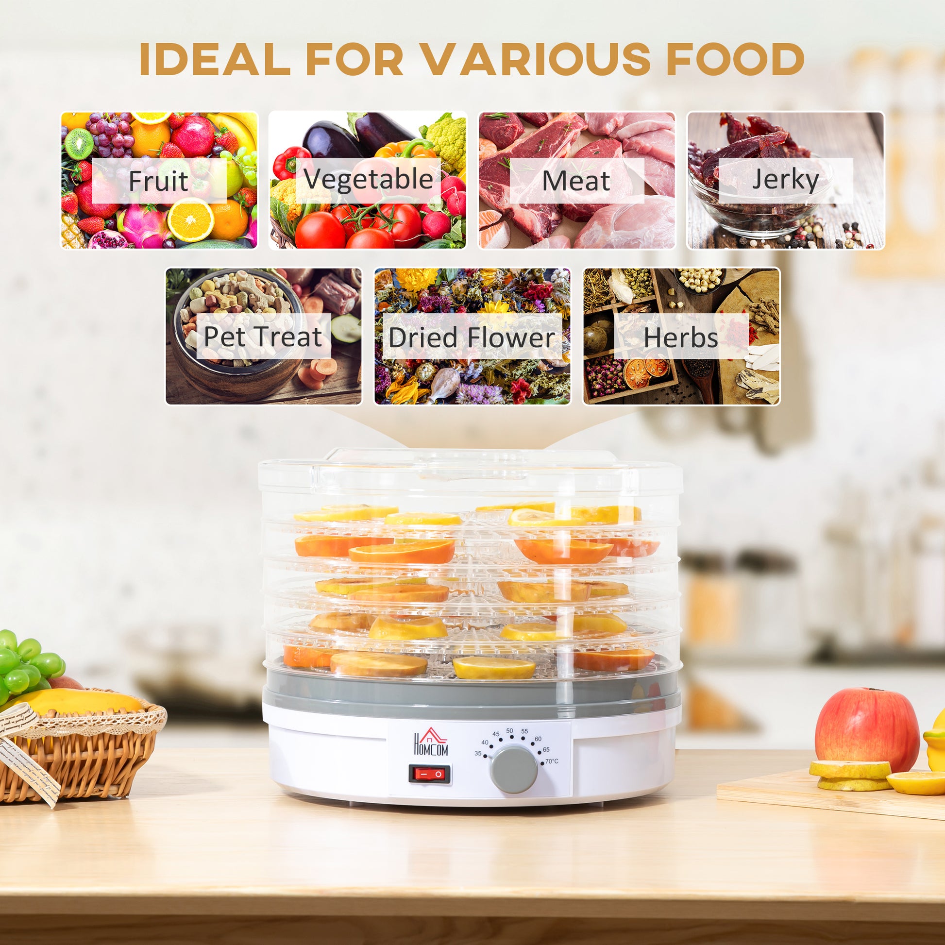 HOMCOM 5 Tier Food Dehydrator, 245W Food Dryer Machine with Adjustable Temperature Control for Drying Fruit, Meat, Vegetable, Jerky and Pet Treat