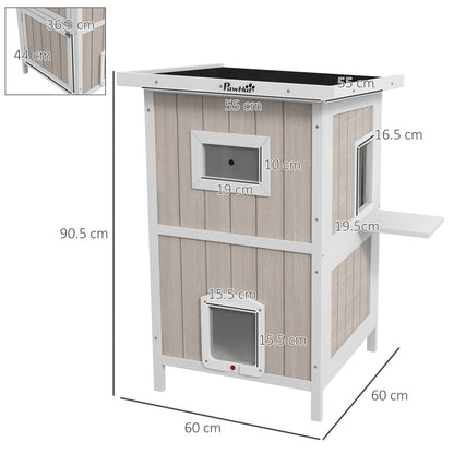 PawHut Outdoor 2 Tiers Wooden Cat Shelter w/ Removable Bottom, Escape Doors, Asphalt Roof, for 1-2 Cats - Light Grey