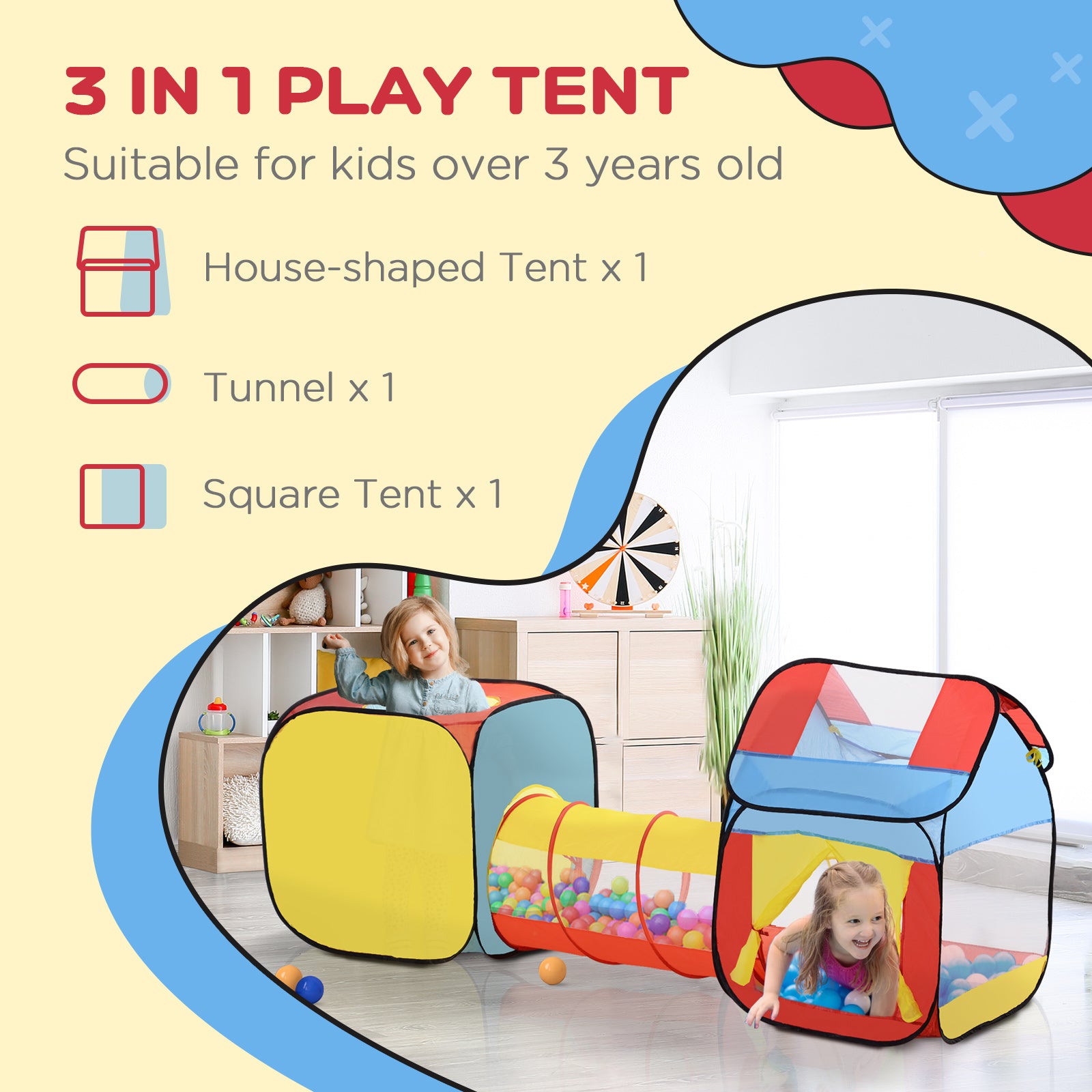 HOMCOM Toddler Polyester 3 in 1 Pop Up House Tent Play Tunnel Multi-Colour