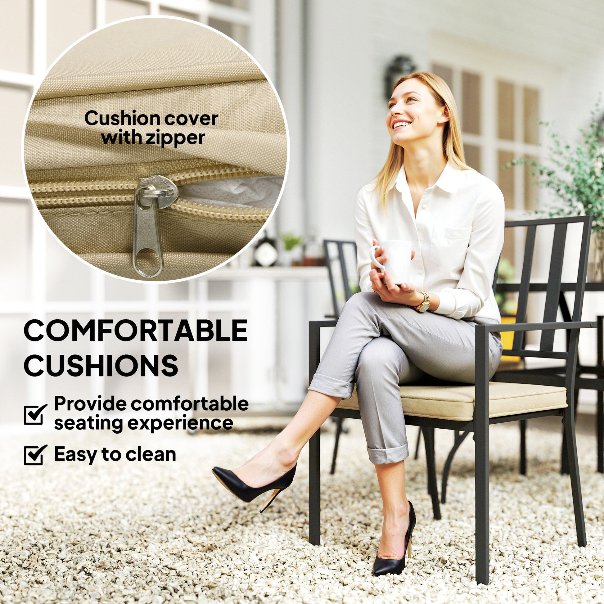 Outsunny 5 Pieces Garden Dining Set with Cushions, Outdoor Patio Table and 4 Stackable Chairs, Metal Top Table with Umbrella Hole, Black