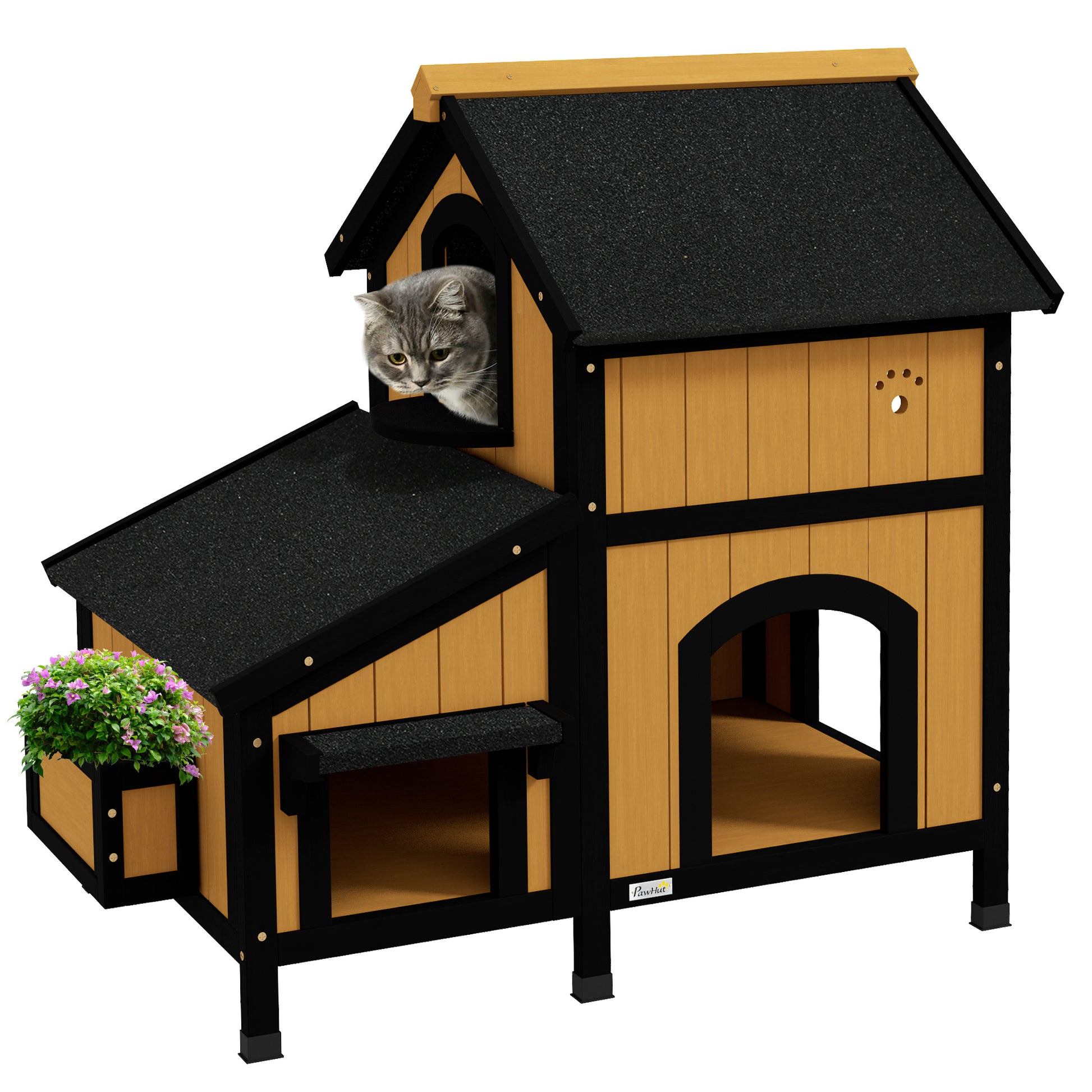 PawHut Wooden Cat House with Flower Pot, Windows, Multiple Entrances, Water-Resistant Roof for Outdoor - Yellow