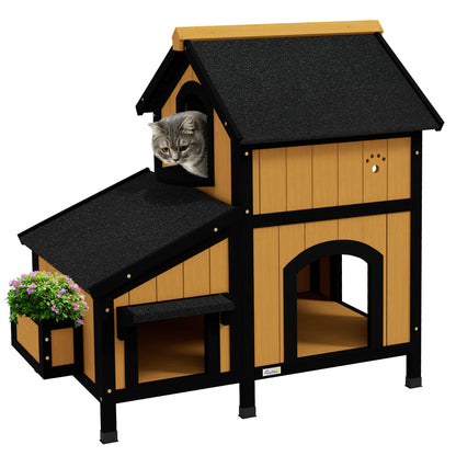 PawHut Wooden Cat House with Flower Pot, Windows, Multiple Entrances, Water-Resistant Roof for Outdoor - Yellow