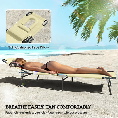 Outsunny Outdoor Folding Sun Lounger Set of 2 with Face Hole, 4 Level Adjustable Backrest Reclining Garden Lounger, Garden Recliner Sunbed with 600 D Oxford Cloth Seat and Pillow for Beach, Beige