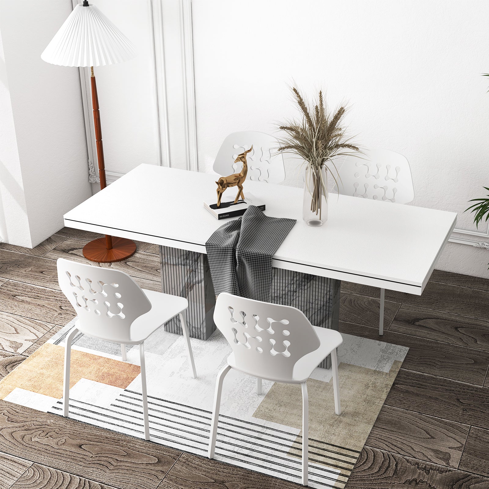 Metal Dining Chair Set of 4 with Hollowed Backrest and Metal Legs-White