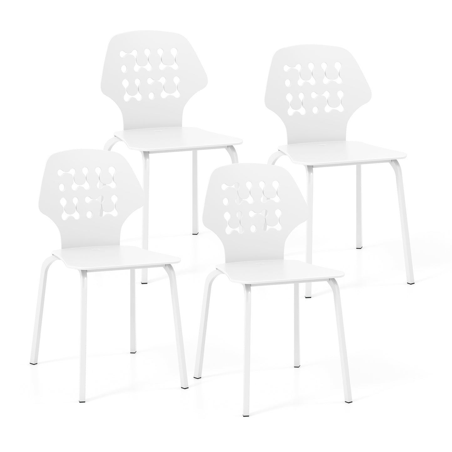Metal Dining Chair Set of 4 with Hollowed Backrest and Metal Legs-White