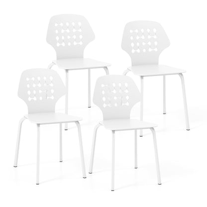 Metal Dining Chair Set of 4 with Hollowed Backrest and Metal Legs-White