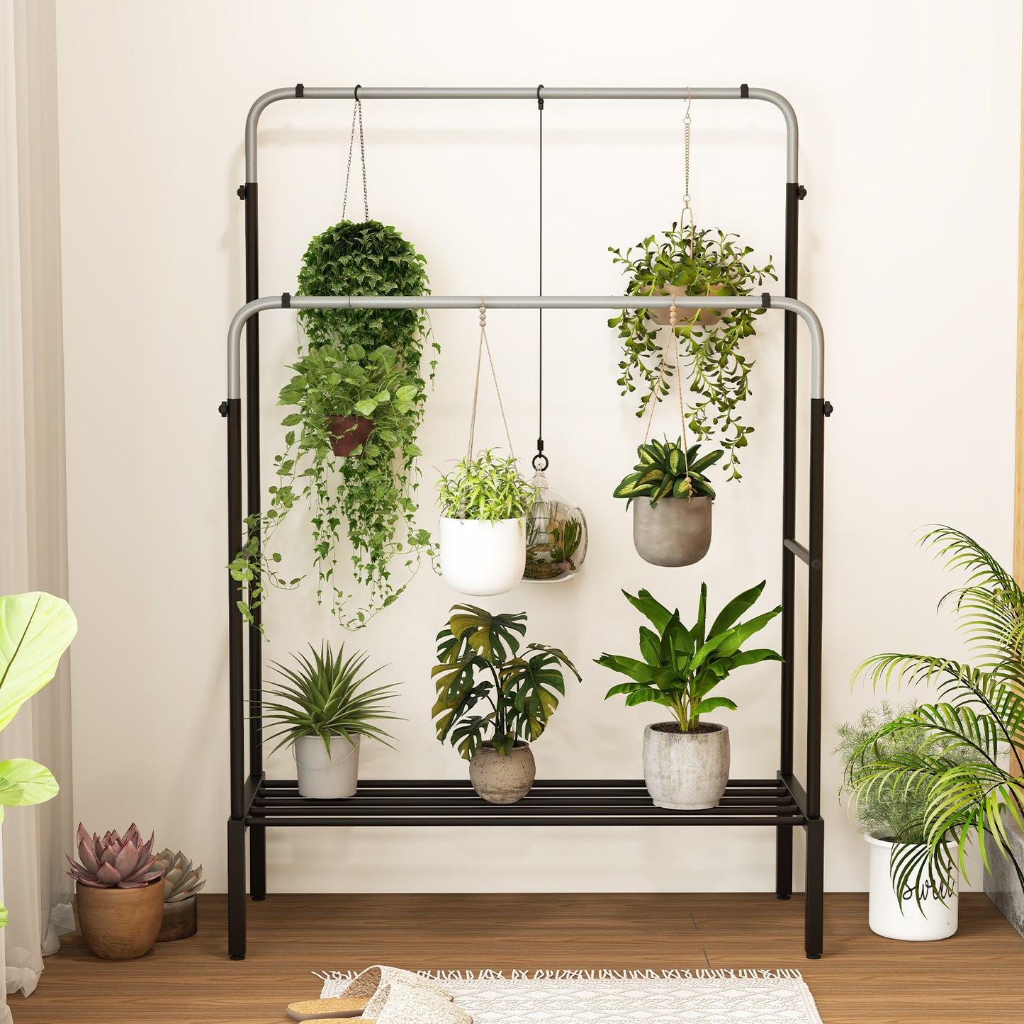 Metal Clothes Stand Rack with 2 Rods and Shoe Shelf-Silver