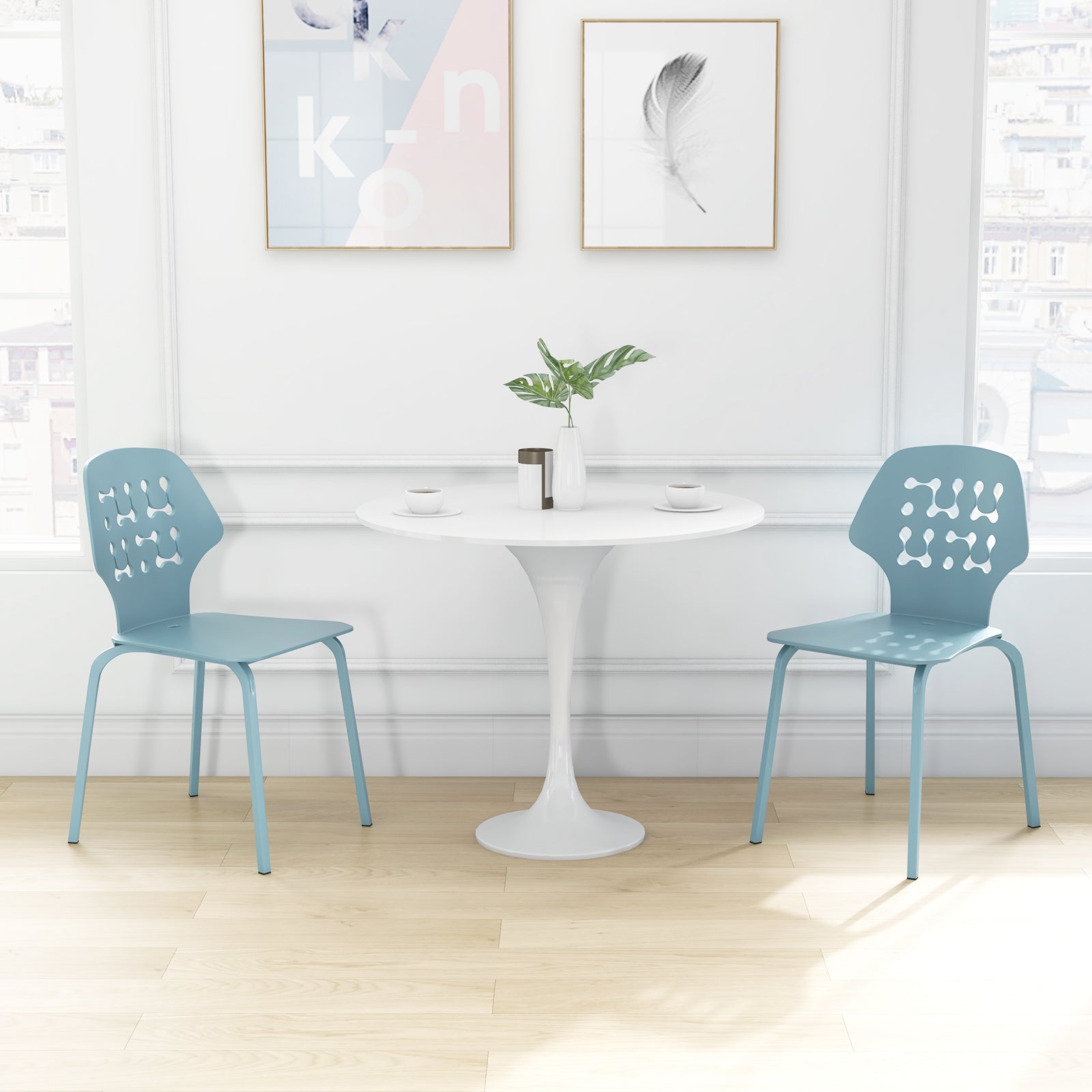 Metal Dining Chair Set of 4 with Hollowed Backrest and Metal Legs-Blue