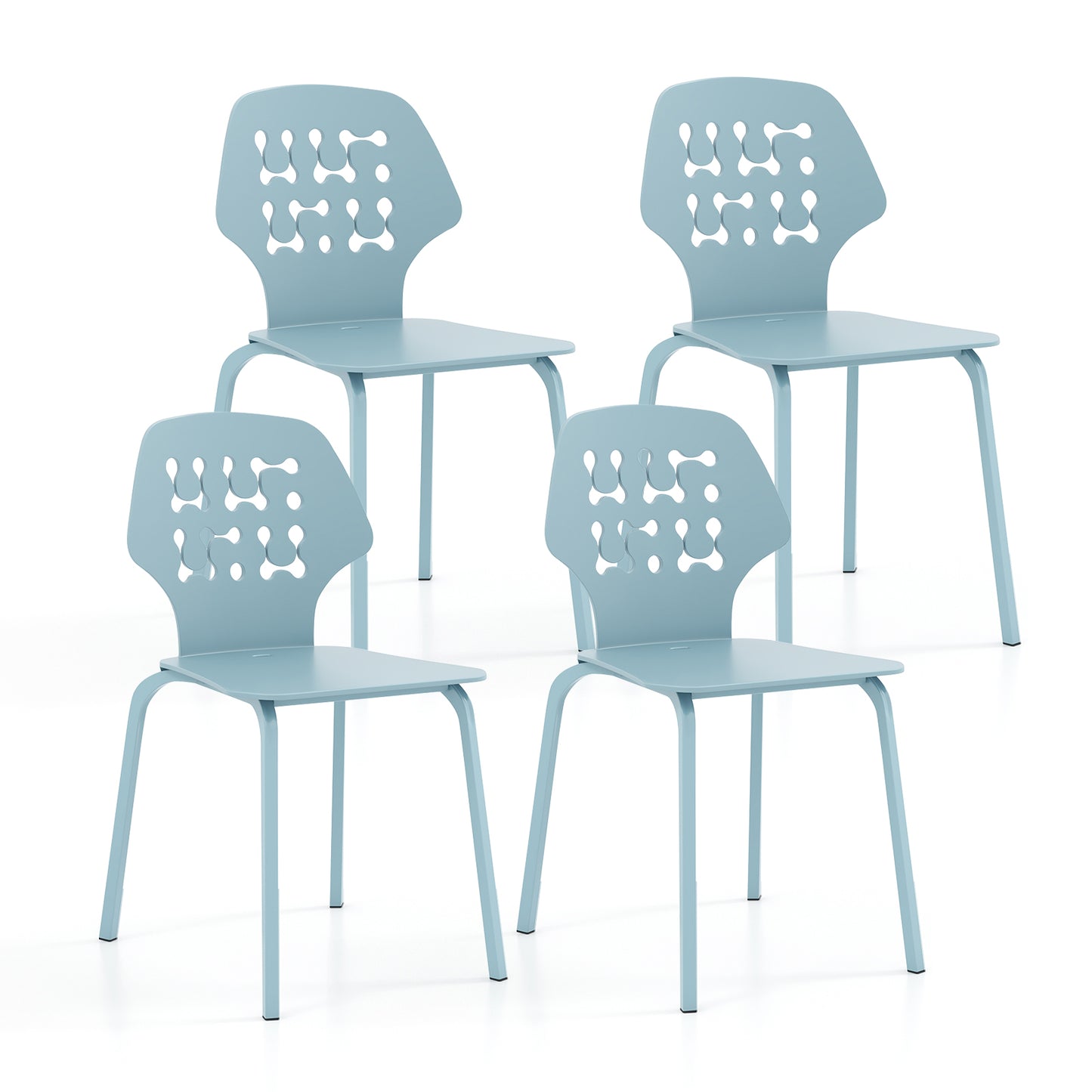 Metal Dining Chair Set of 4 with Hollowed Backrest and Metal Legs-Blue