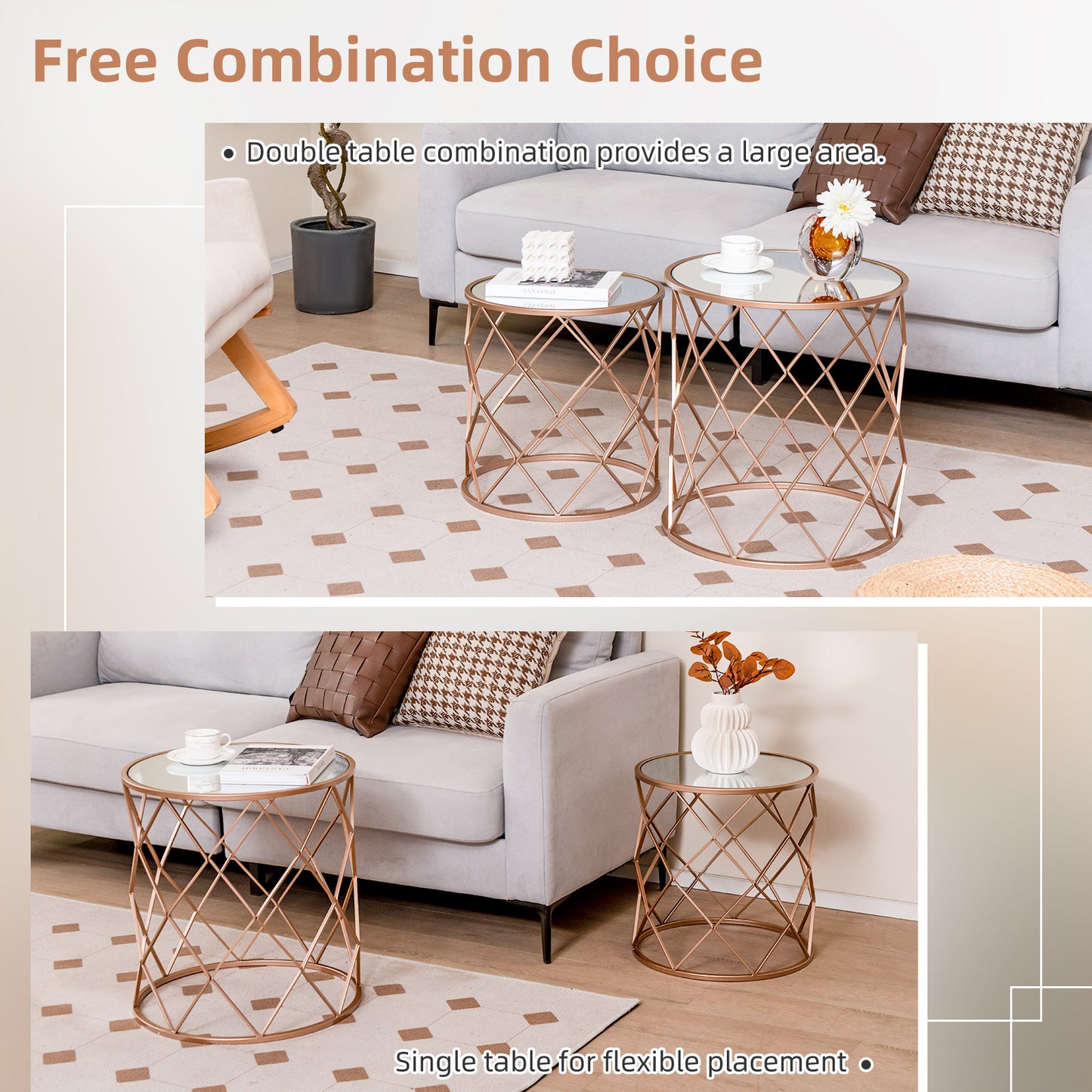 Stackable Metal Frame End Table Set of 2 with Mirrored Top-Rose Gold
