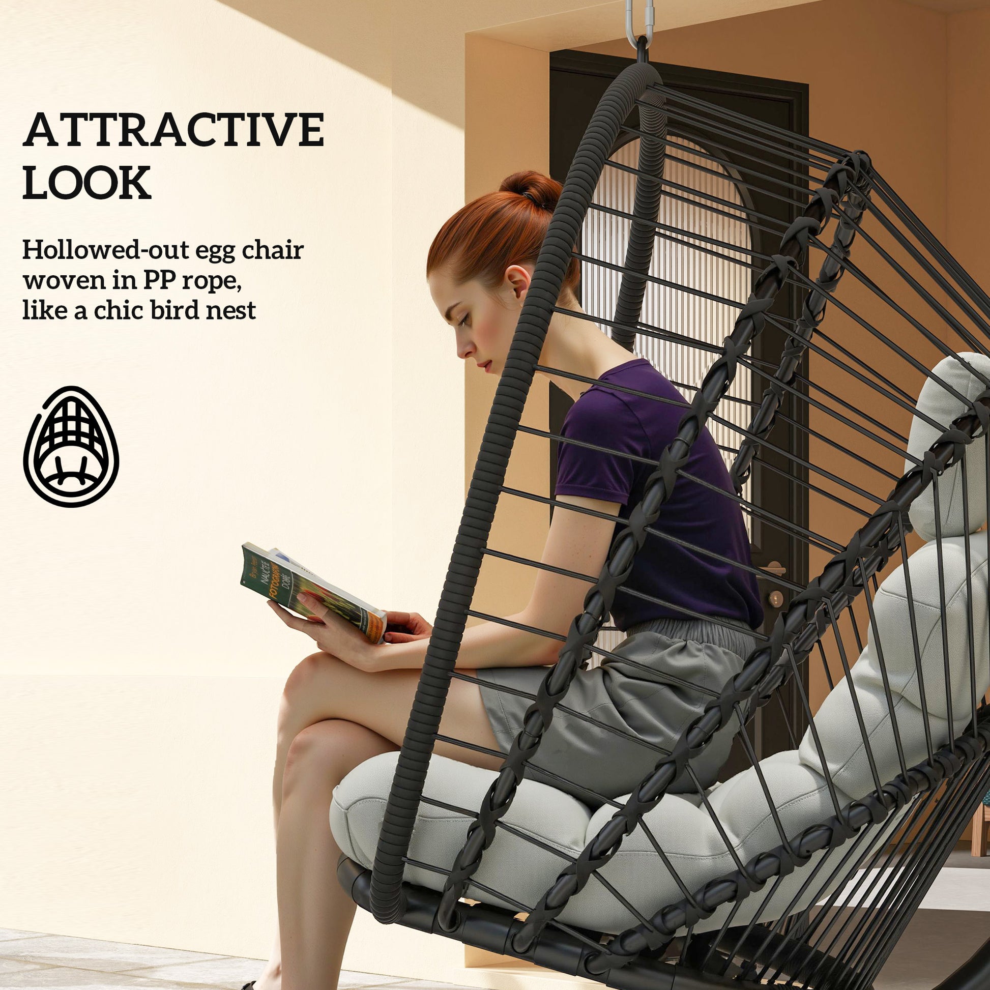 Outsunny Outdoor PE Rattan Swing Chair with Foldable Basket and Cushion, Garden Patio Hanging Egg Chair with Metal Stand, Headrest for Indoor and Outdoor, Black