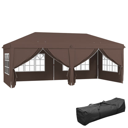 Outsunny 3 x 6 m Pop Up Gazebo with Sides and Windows, Height Adjustable Wedding Camping Party Tent Canopy Marquee with Storage Bag for Garden, Event, Brown