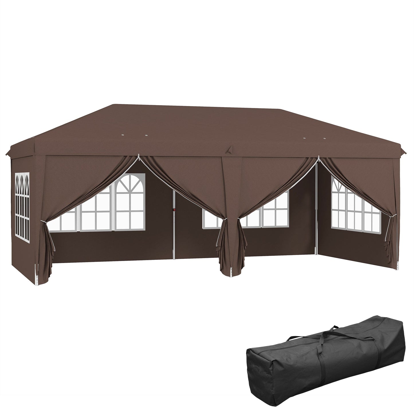 Outsunny 3 x 6 m Pop Up Gazebo with Sides and Windows, Height Adjustable Wedding Camping Party Tent Canopy Marquee with Storage Bag for Garden, Event, Brown