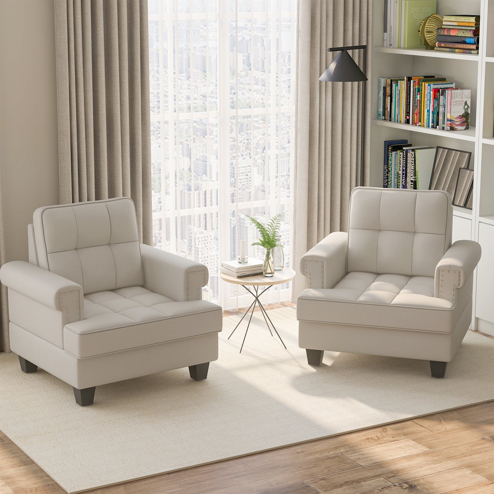 Mid-century Modern Accent Armchair Tufted Linen Club Chair with Extra Pillow-Beige
