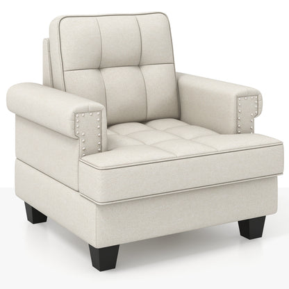 Mid-century Modern Accent Armchair Tufted Linen Club Chair with Extra Pillow-Beige