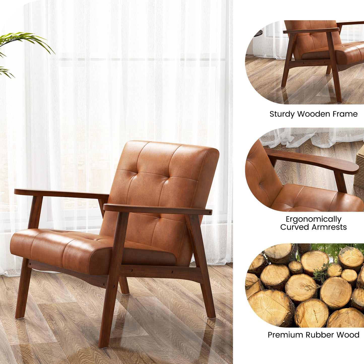 Mid Century Modern Accent Chair with Leather Cover-Light Brown