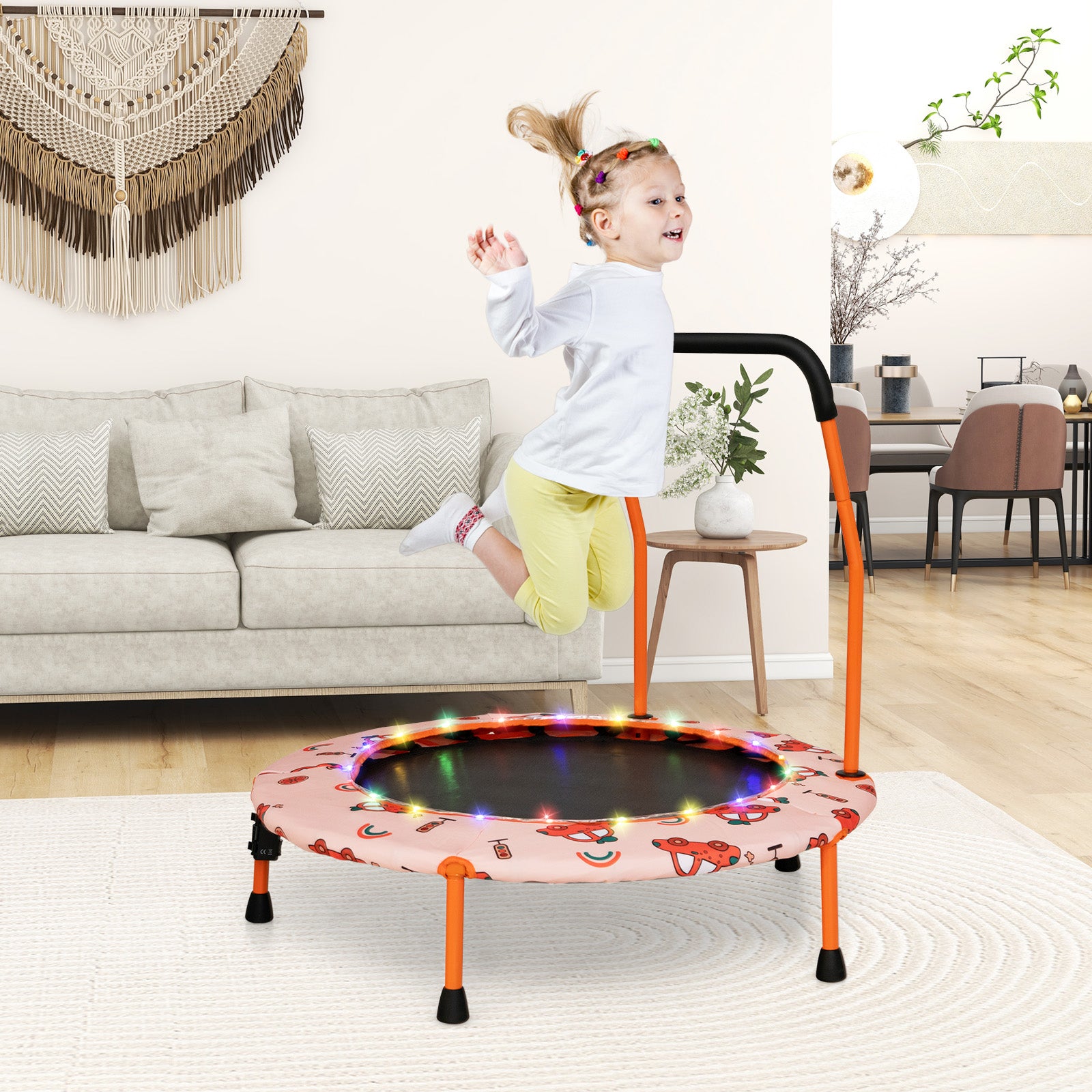 Mini Trampoline for Children with LED Lights and Safety Handle-Orange