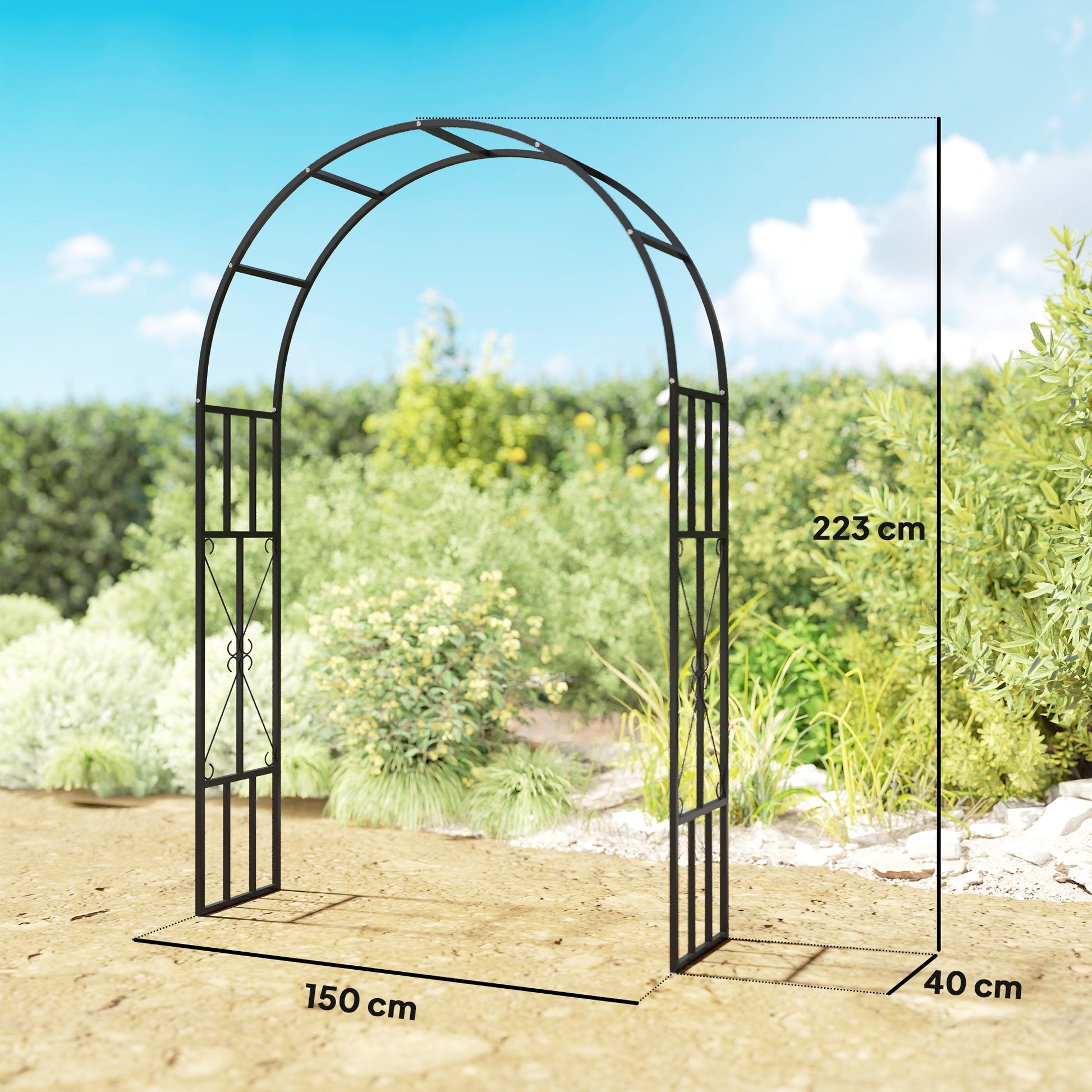 Outsunny Steel Garden Arch, 2.2m High x 1.5m Wide Metal Garden Trellis for Climbing Plants Roses Wisteria Vines, Outdoor Wedding Arch for Bridal Party Ceremony Decoration, Black