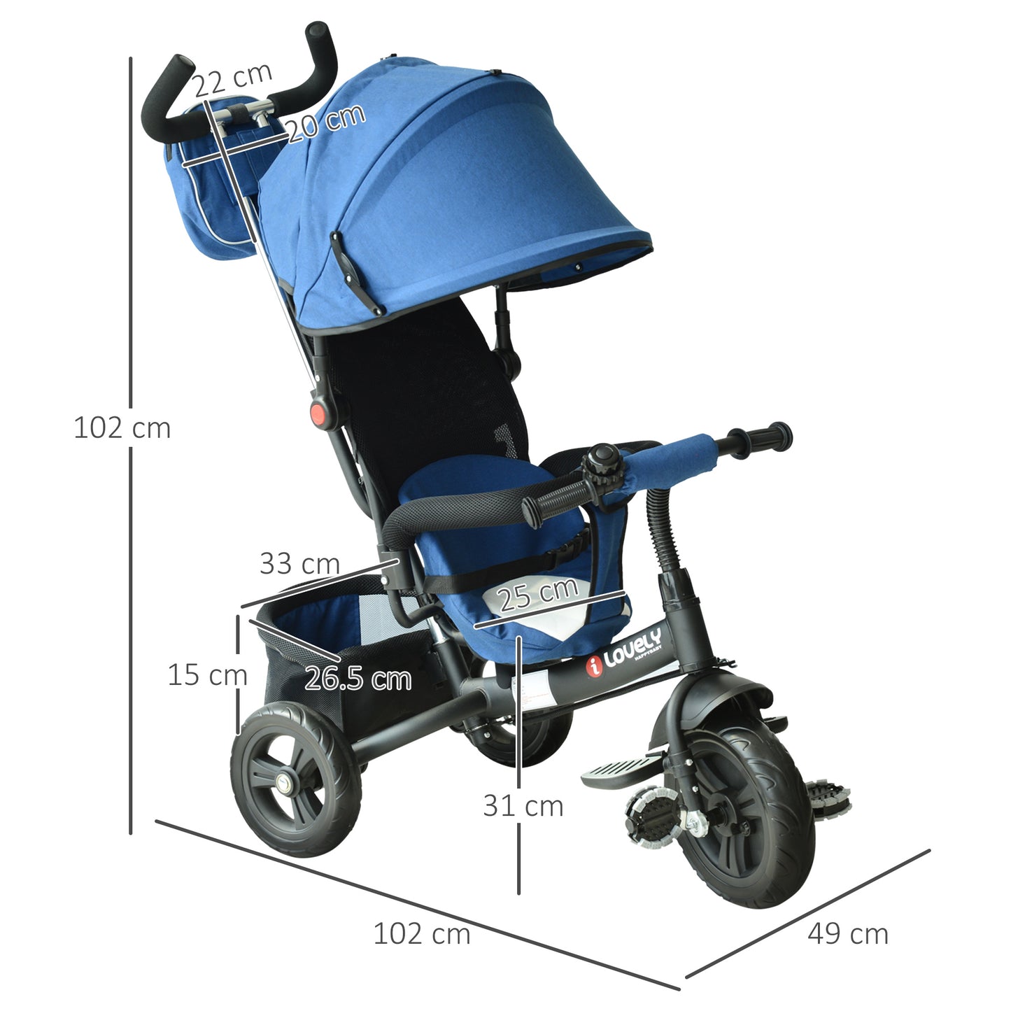 HOMCOM Baby Ride on Tricycle W/Canopy-Blue