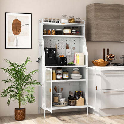 Kitchen Pantry Storage Cabinet Freestanding Baker Rack with Pegboard-White