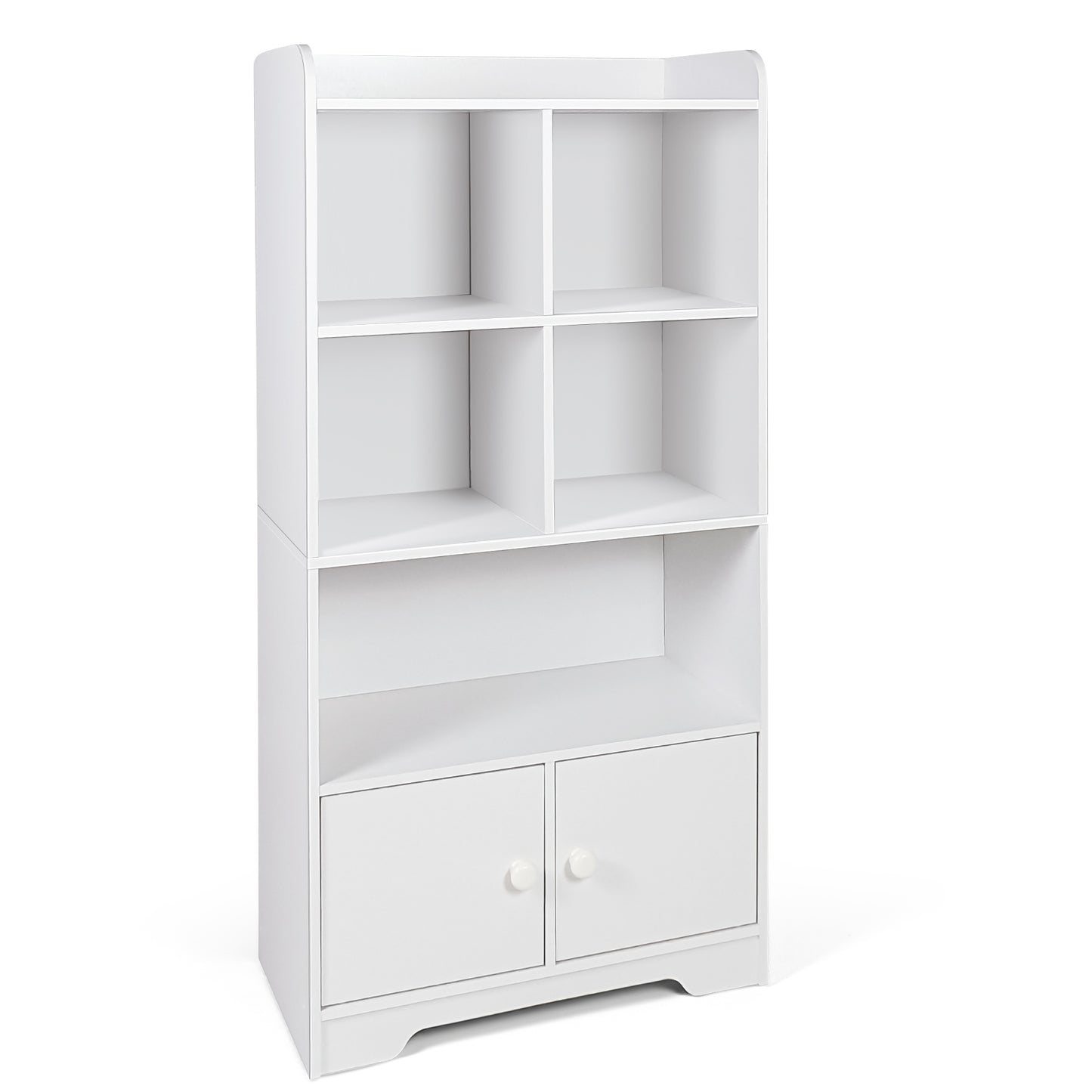 Modern 4-Tier Bookcase with 4 Cubes Shelves and 2-Door Cabinet-White