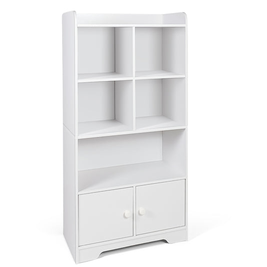 Modern 4-Tier Bookcase with 4 Cubes Shelves and 2-Door Cabinet-White
