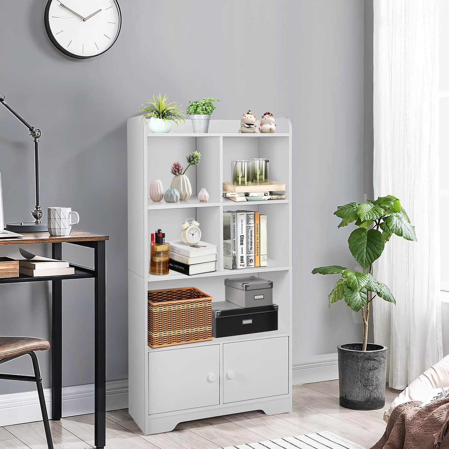 Modern 4-Tier Bookcase with 4 Cubes Shelves and 2-Door Cabinet-White